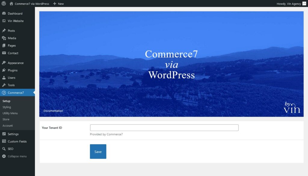 Commerce7 via WordPress setup page