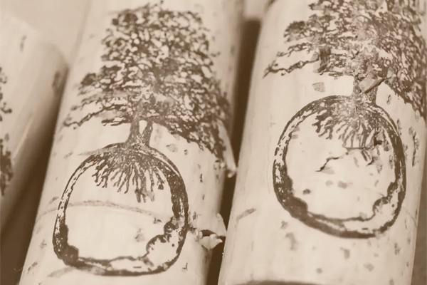 Close-up of wine corks, each printed with an image of a tree with roots.