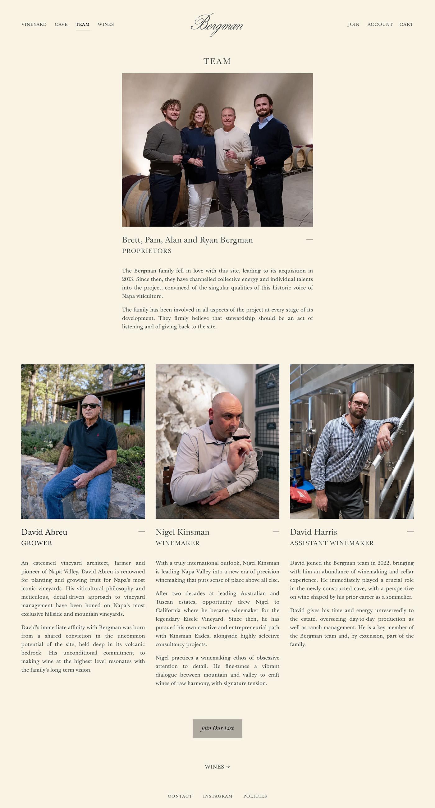 Image of the Bergman Family winery team, showcasing their key personnel standing and seated. Text includes descriptions of their roles and contributions to the winery's operations.