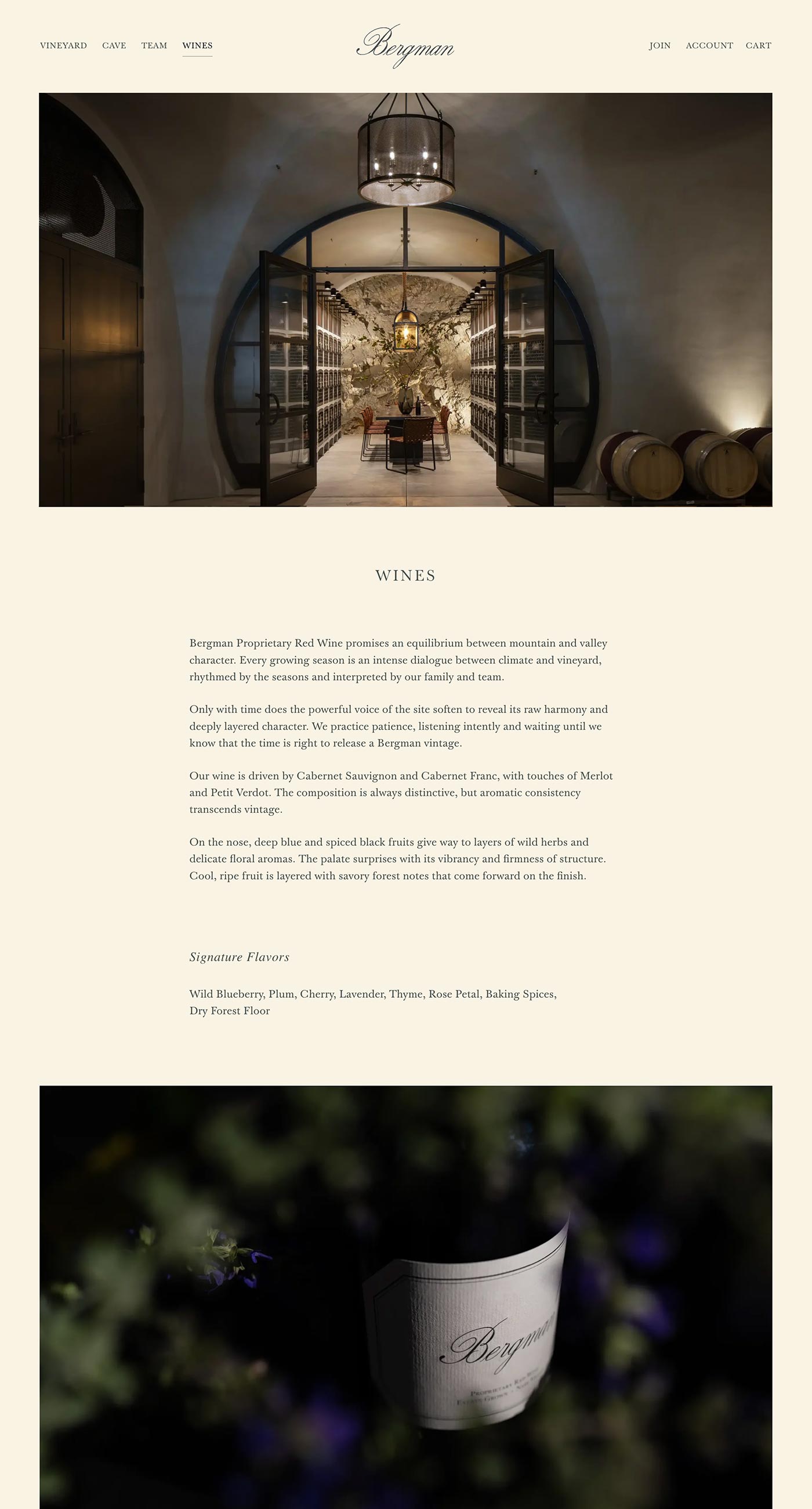 Screenshot of a winery website showing text about wines, signature flavors like wild blackberries and thyme, and an image of wine bottles in a dimly lit cellar.