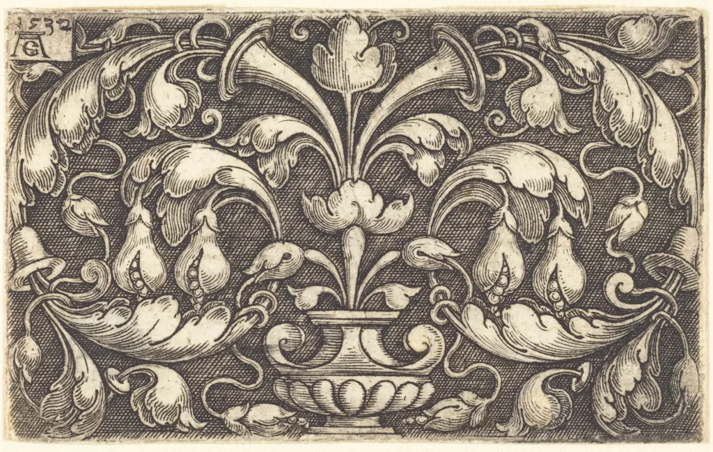 Ornate black and white engraving depicting symmetrical floral motifs, with trumpet-like flowers and curling leaves emerging from a central vase.