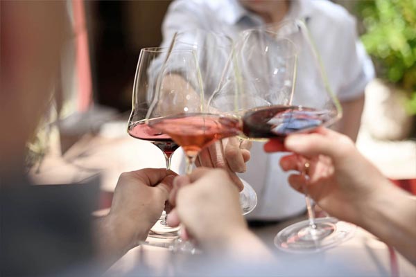 Four people clinking wine glasses filled with red and rosé wine outdoors, with blurred background.
