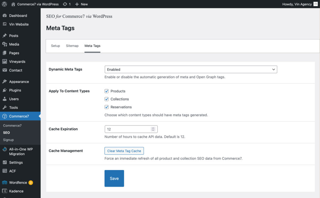 WordPress admin screen showing the Commerce7 Meta Tags settings, including options for dynamic meta tags, content type selection, cache expiration, and a button to clear meta tag cache.
