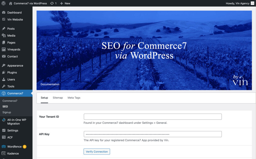 WordPress dashboard displaying the "SEO for Commerce7 via WordPress" plugin setup page, prompting for Tenant ID and API Key with navigation menu visible on the left.