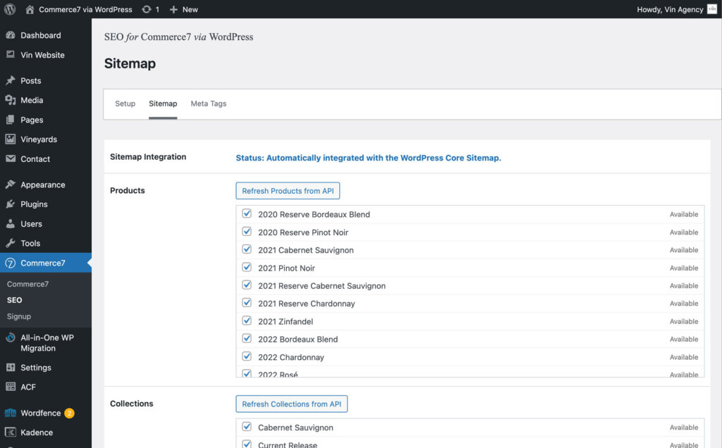 A WordPress admin dashboard shows the SEO Sitemap page for a commerce site, listing products and collections with options to refresh and status indicators marked as available.