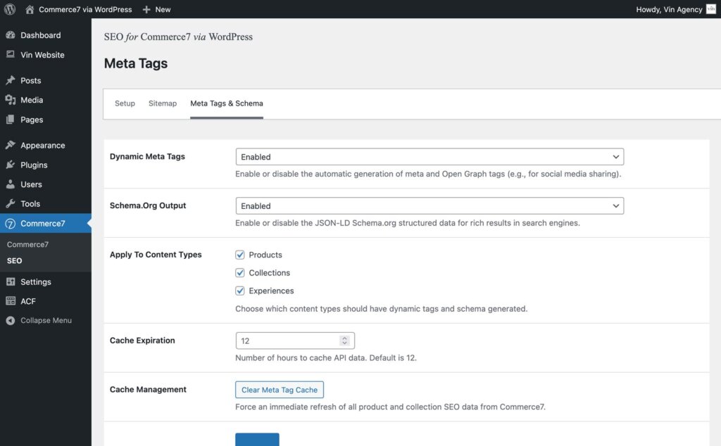 Screenshot of the Meta Tags settings page in WordPress for Commerce7, showing options for dynamic meta tags, schema output, content types, cache expiration, and cache management.
