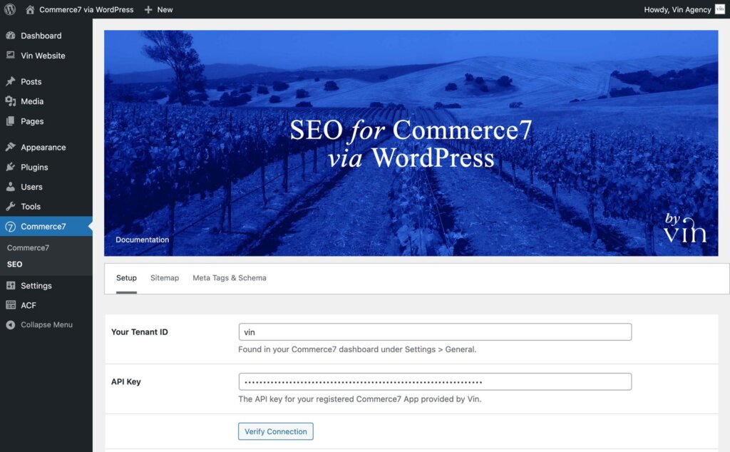 A WordPress dashboard screen displays the "SEO for Commerce7 via WordPress" plugin setup page, showing fields for Tenant ID and API Key entry.
